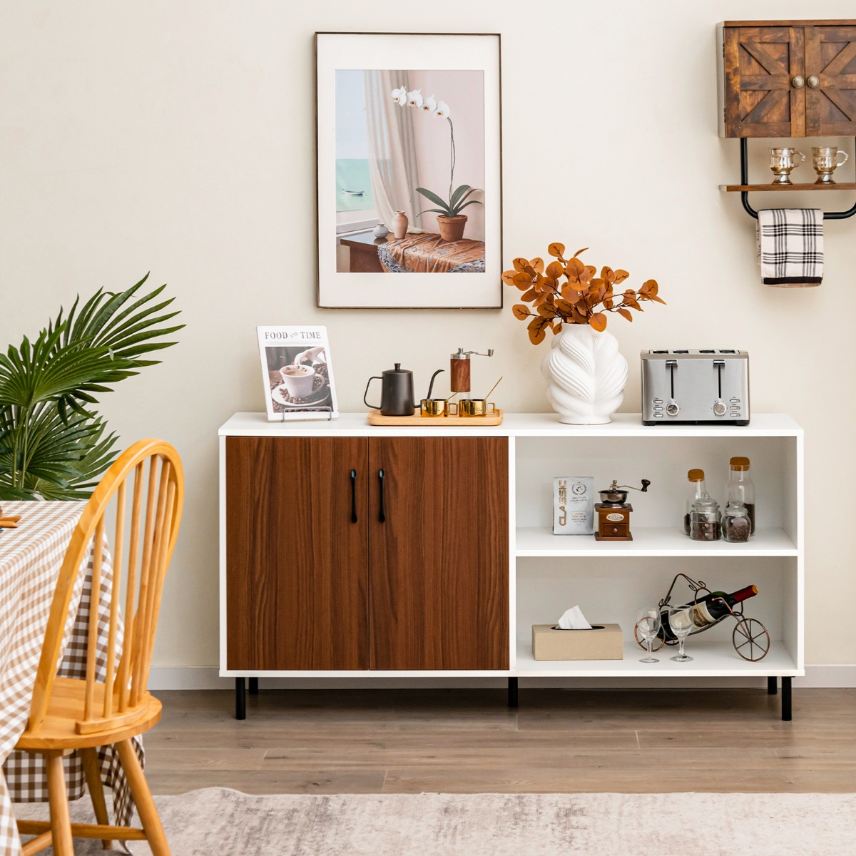 Sideboard mit Schrank und 2 offenen Fächern Kommode aus Holz 148 x 40 x 75cm Walnuss von Costway