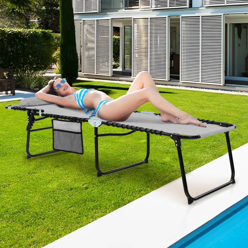 Sonnenliege mit Kopfstütze und Seitentasche klappbare Gartenliege mit Verstellbarer Rückenlehne Grau von Costway
