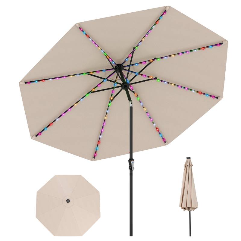 Sonnenschirm 300 cm mit LED-Solar-Beleuchtung 9 Beleuchtungsmodi Gartenschirm mit Kurbel Beige von Costway