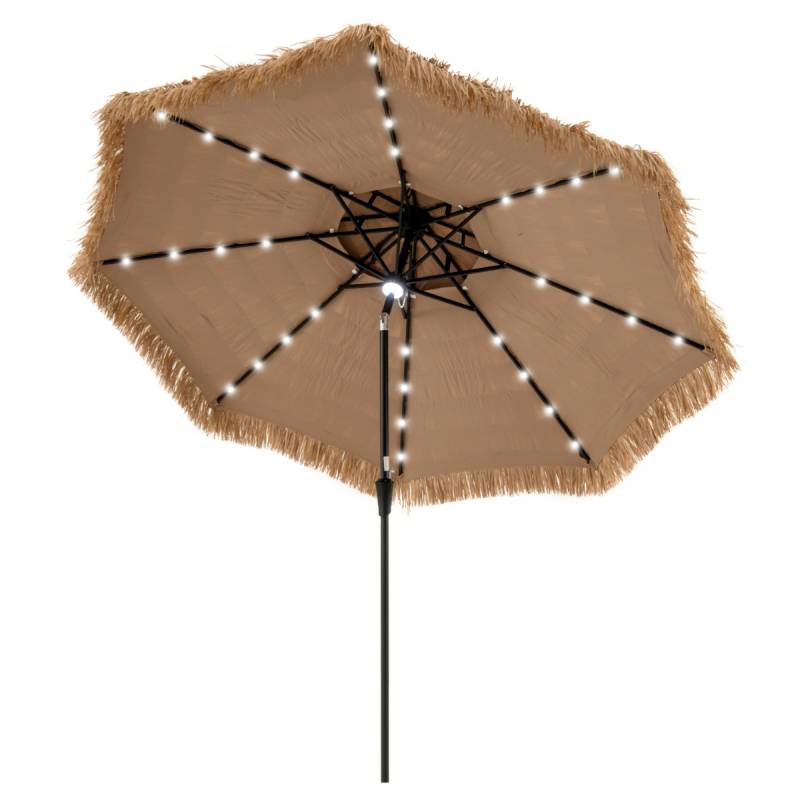 Sonnenschirm Hawaii 300 cm Strohschirm mit LED-Solar-Beleuchtung und Doppeldach Natur+Schwarz von Costway