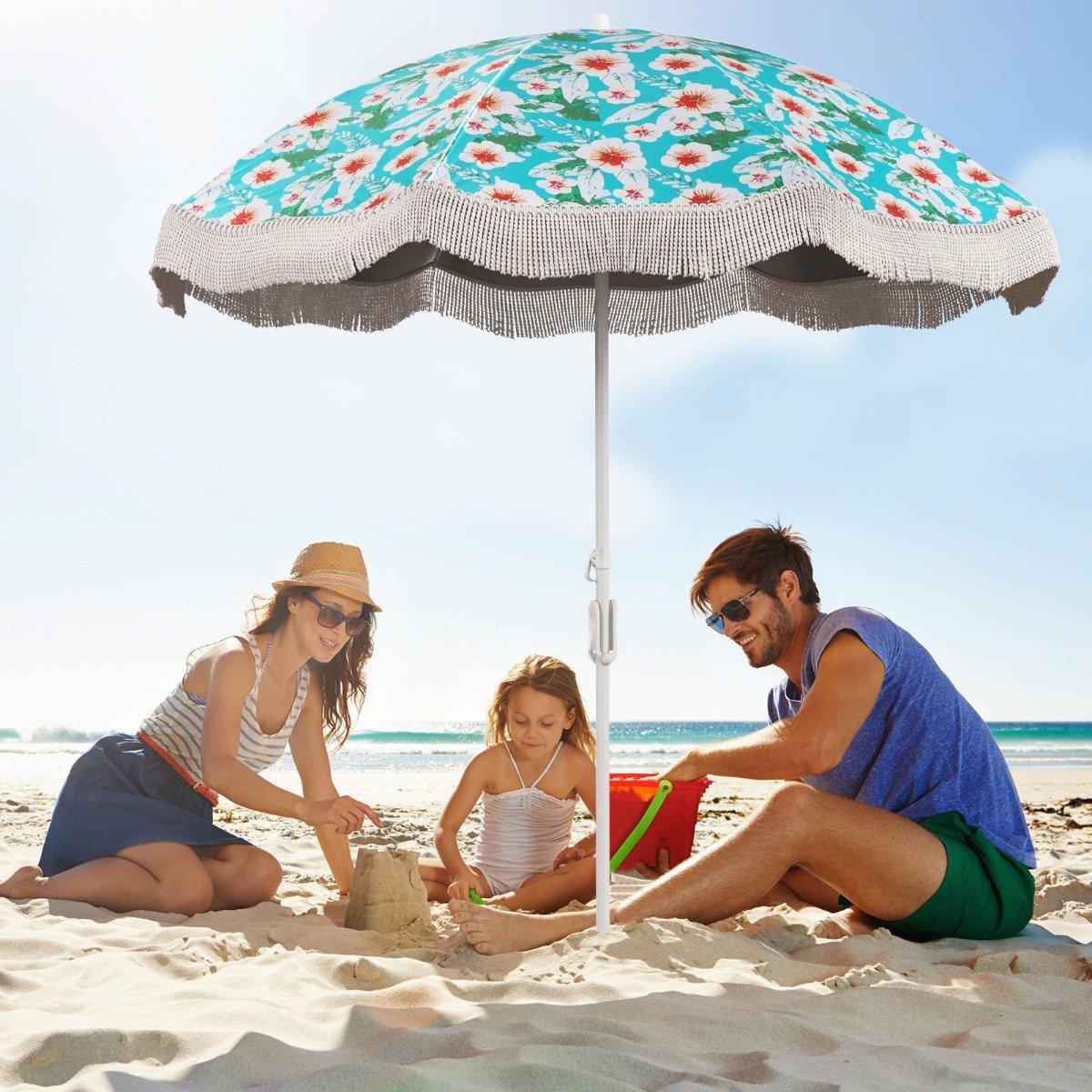 Sonnenschirm Strand Strandschirm mit Fransen UPF 50+ 30° knickbar Terrassenschirm mit Erdspieß von Costway