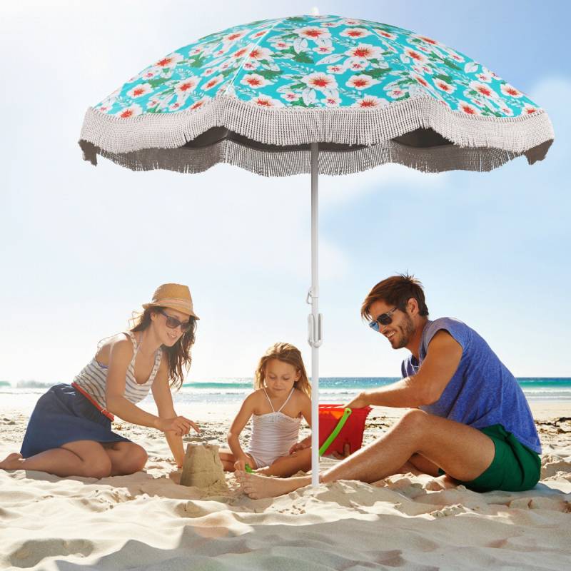 Sonnenschirm Strand Strandschirm mit Fransen UPF 50+ 30° knickbar Terrassenschirm mit Erdspieß von Costway