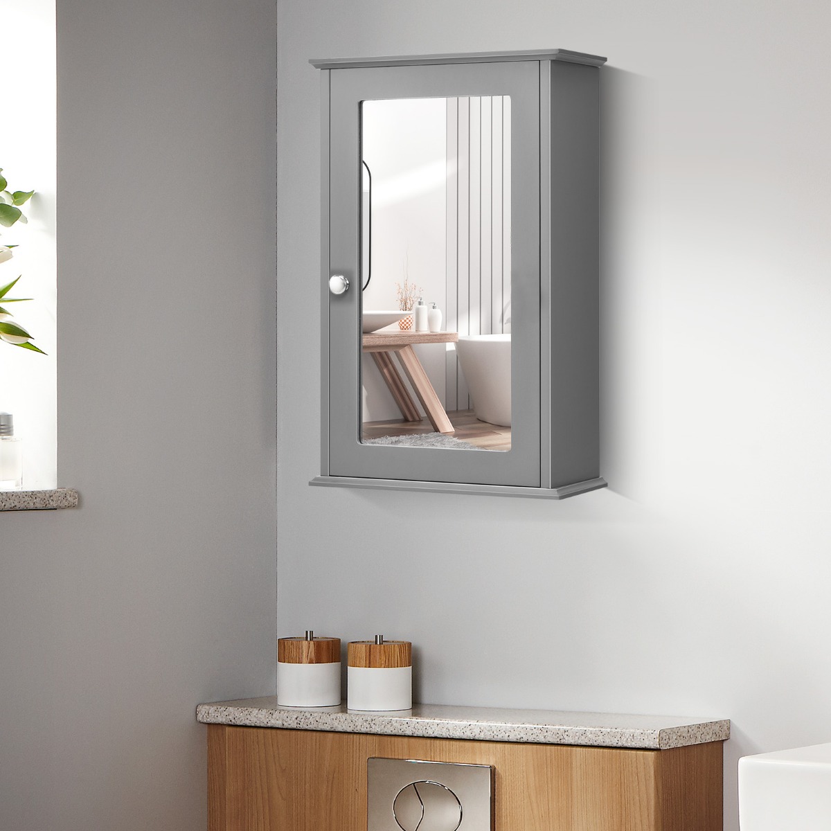 Spiegel Badezimmerschrank Wandschrank Aufbewahrungsschrank mit Einzelner 34 x 15 x 53 cm Grau von Costway