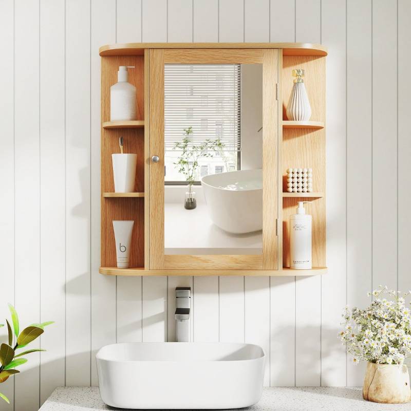 Spiegelschrank Bad 4 Fächer & 6 Offene Ablagen Badezimmerschrank mit Spiegel 66 x 17 x 63 cm Natur Spiegelschrank Bad 4 Fächer & 6 Offene Ablagen Badezimmerschrank mit Spiegel 66 x 17 x 63 cm Natur von Costway