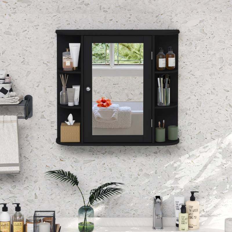 Spiegelschrank Bad 4 Fächer & 6 offene Ablagen Badezimmerschrank mit Spiegel 66 x 17 x 63 cm Schwarz von Costway