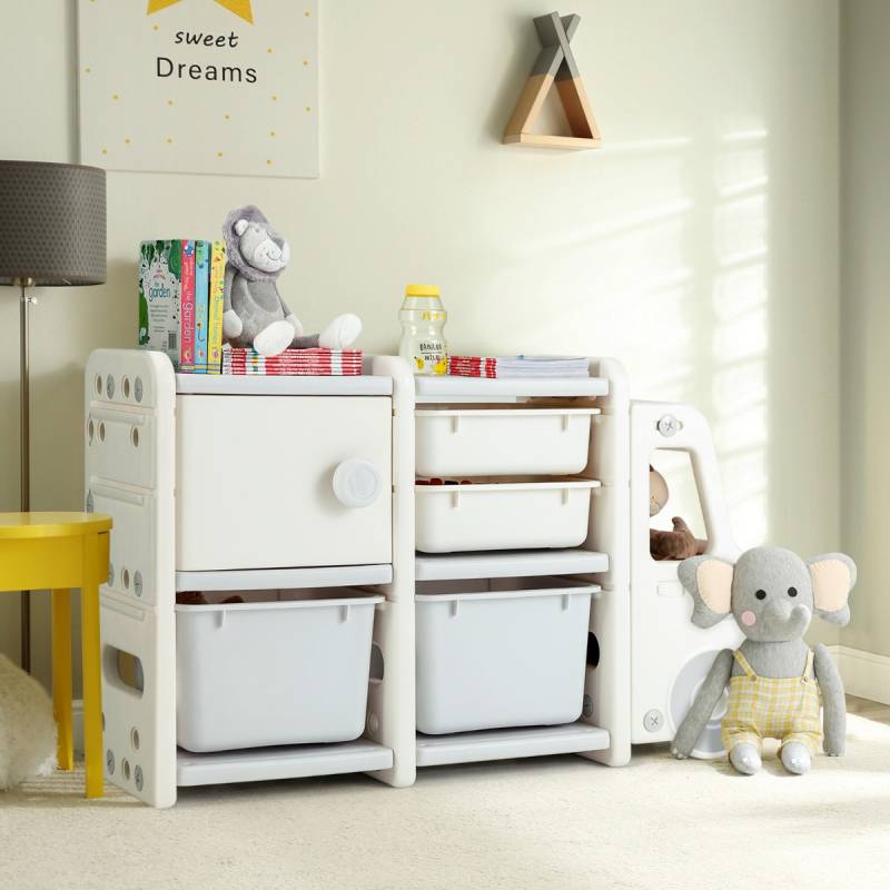 Spielzeugregal 2 Ebenen Kinderregal mit Schubladen und Aufbewahrungsboxen 110 x 32 x 66 cm von Costway