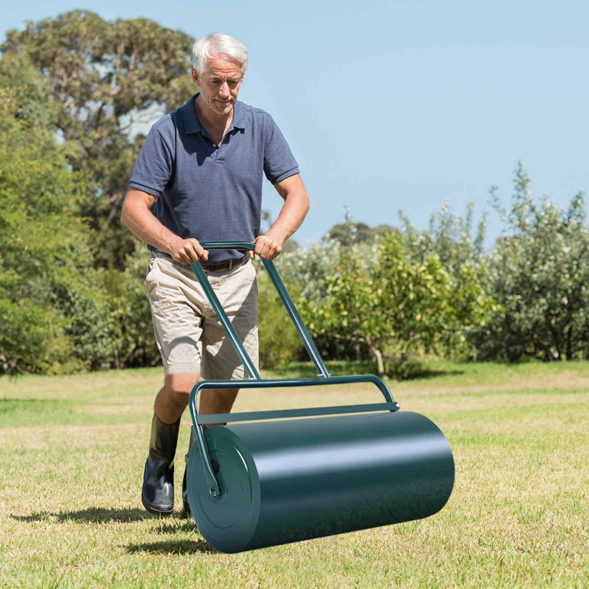 Stahl Rasenroller mit Wasser und Sand Walze Rasenroller mit schwerer Walze Handwalze mit U-förmigem Griff Grün von Costway