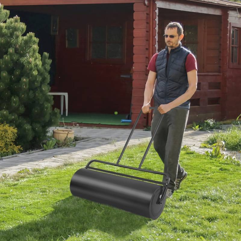 Stahl Rasenroller mit Wasser und Sand Walze Rasenroller mit schwerer Walze Handwalze mit U-förmigem Griff Schwarz von Costway