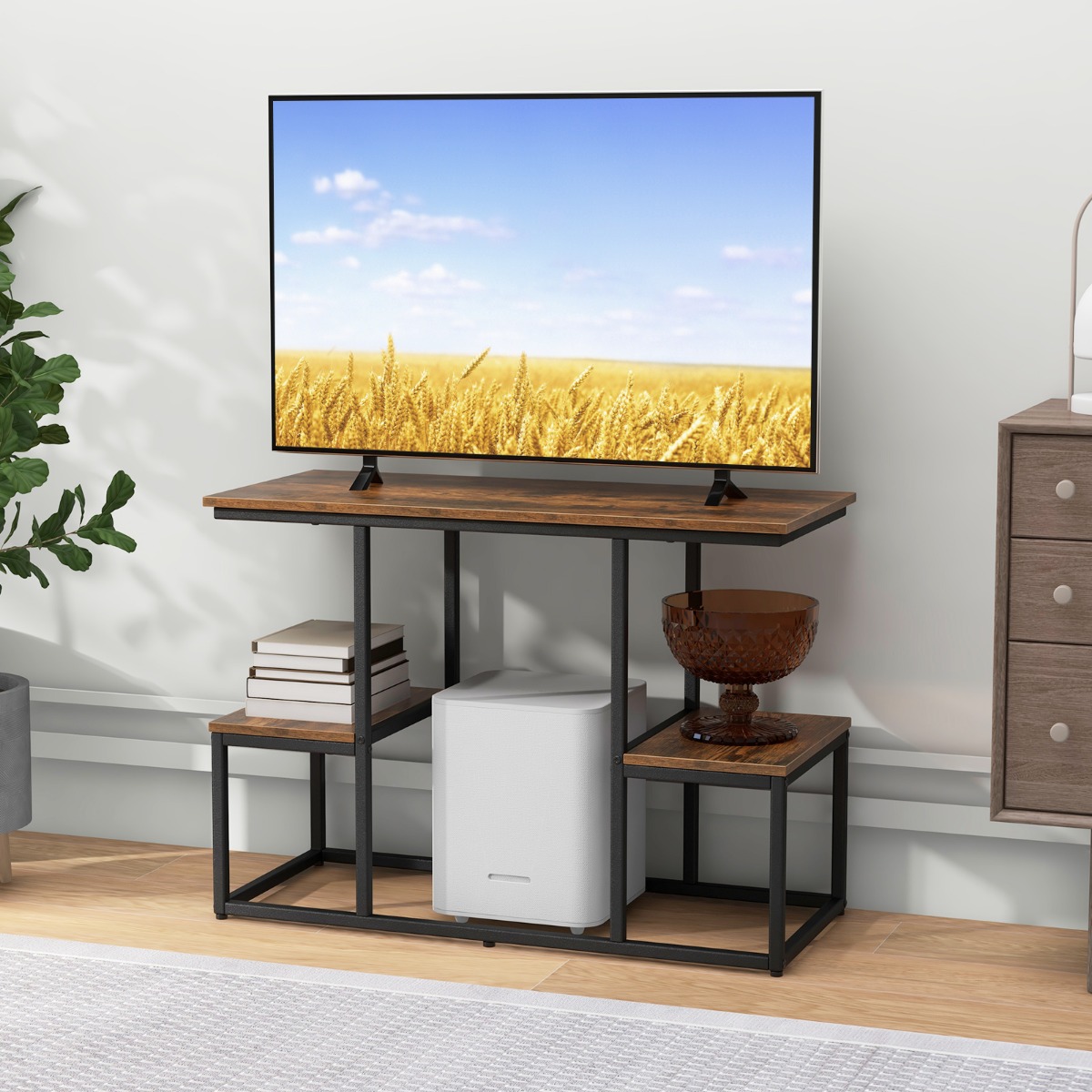 TV-Konsolentisch für 50-Zoll-Fernseher industrielle Medienkonsole mit offenen Ablagen 108 x 40 x 65 cm Rustikales Braun von Costway