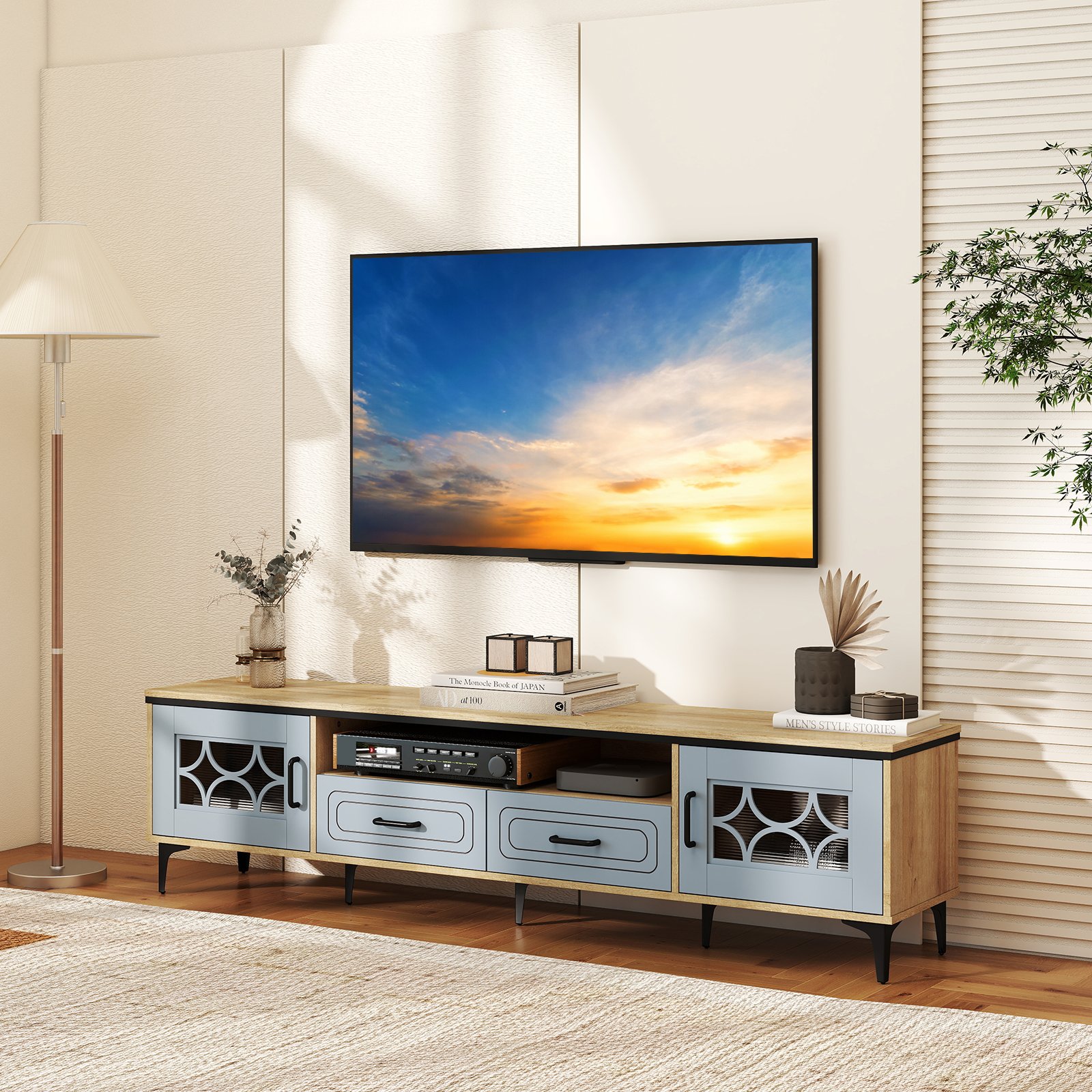 TV Schrank Bambus Lowboard für Fernseher bis zu 80 Zoll Fernsehschrank mit 2 Schubladen & 2 Türen & Fach Blau TV Schrank Bambus Lowboard für Fernseher bis zu 80 Zoll Fernsehschrank mit 2 Schubladen & 2 Türen & Fach Blau von Costway