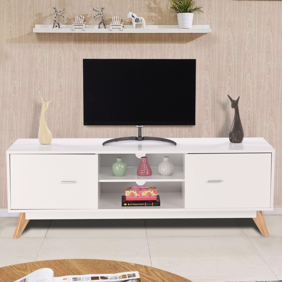 TV-Ständer für 60-Zoll-Fernseher Moderner TV-Konsolentisch mit Stauraum Massivholzfüße Weiß von Costway