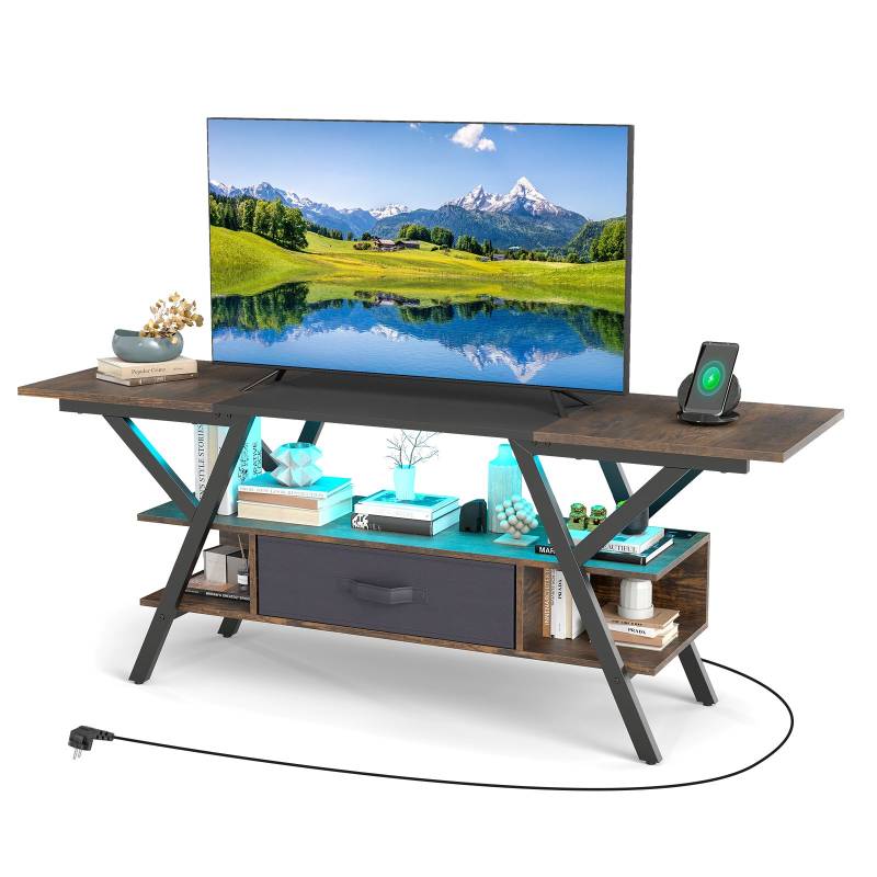 TV-Ständer für 65-Zoll-Fernseher 3-stufiges Entertainment-Center mit LED-Leuchten Rustikal Braun von Costway