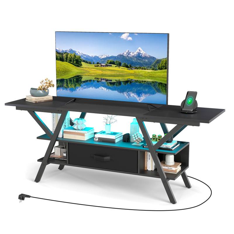 TV-Ständer für 65-Zoll-Fernseher 3-stufiges Entertainment-Center mit LED-Leuchten Schwarz von Costway