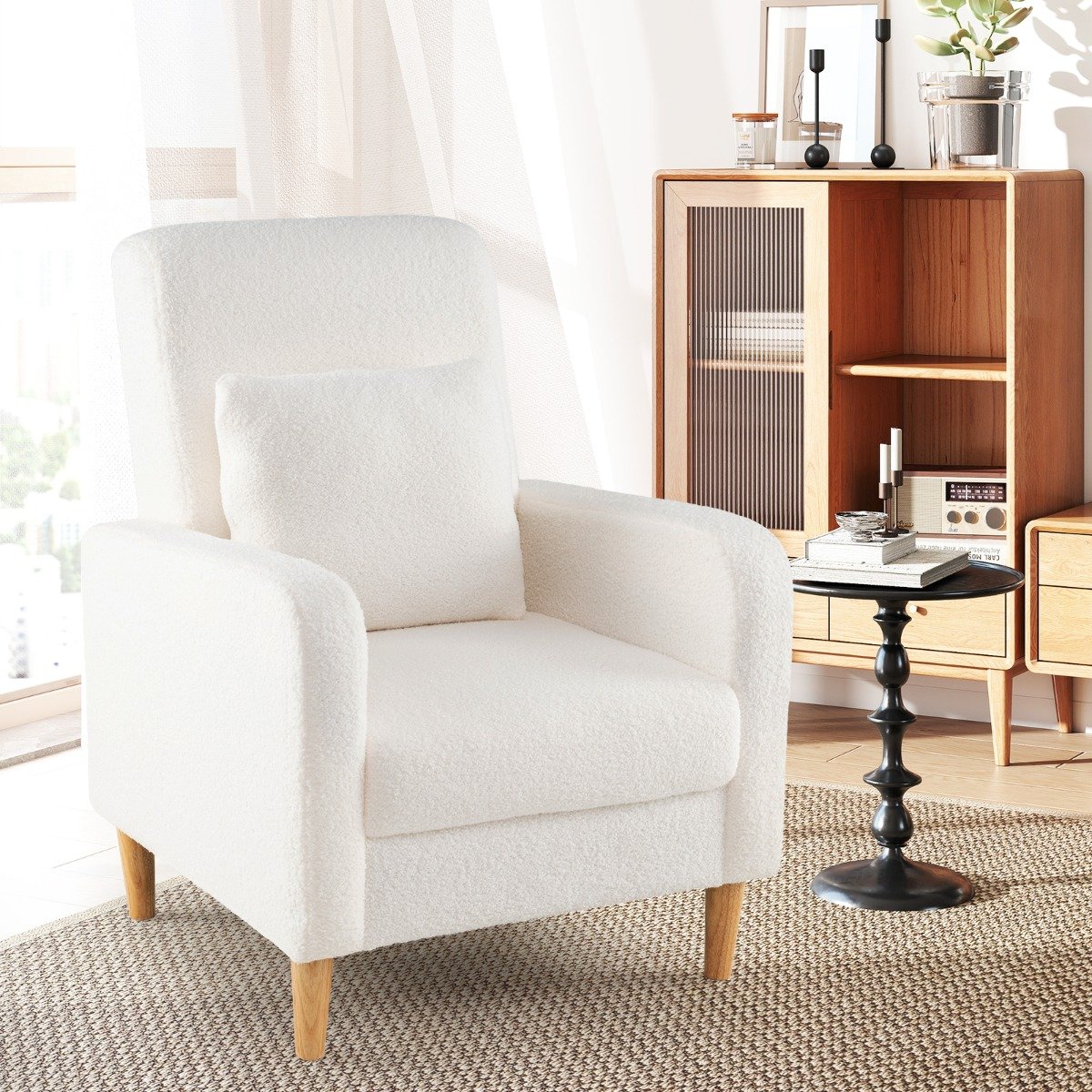 Teddy Sessel mit Lendenkissen & Holzbeine Gepolsterter Loungesessel bis 150 kg Belastbar Beige Teddy Sessel mit Lendenkissen & Holzbeine Gepolsterter Loungesessel bis 150 kg Belastbar Beige von Costway
