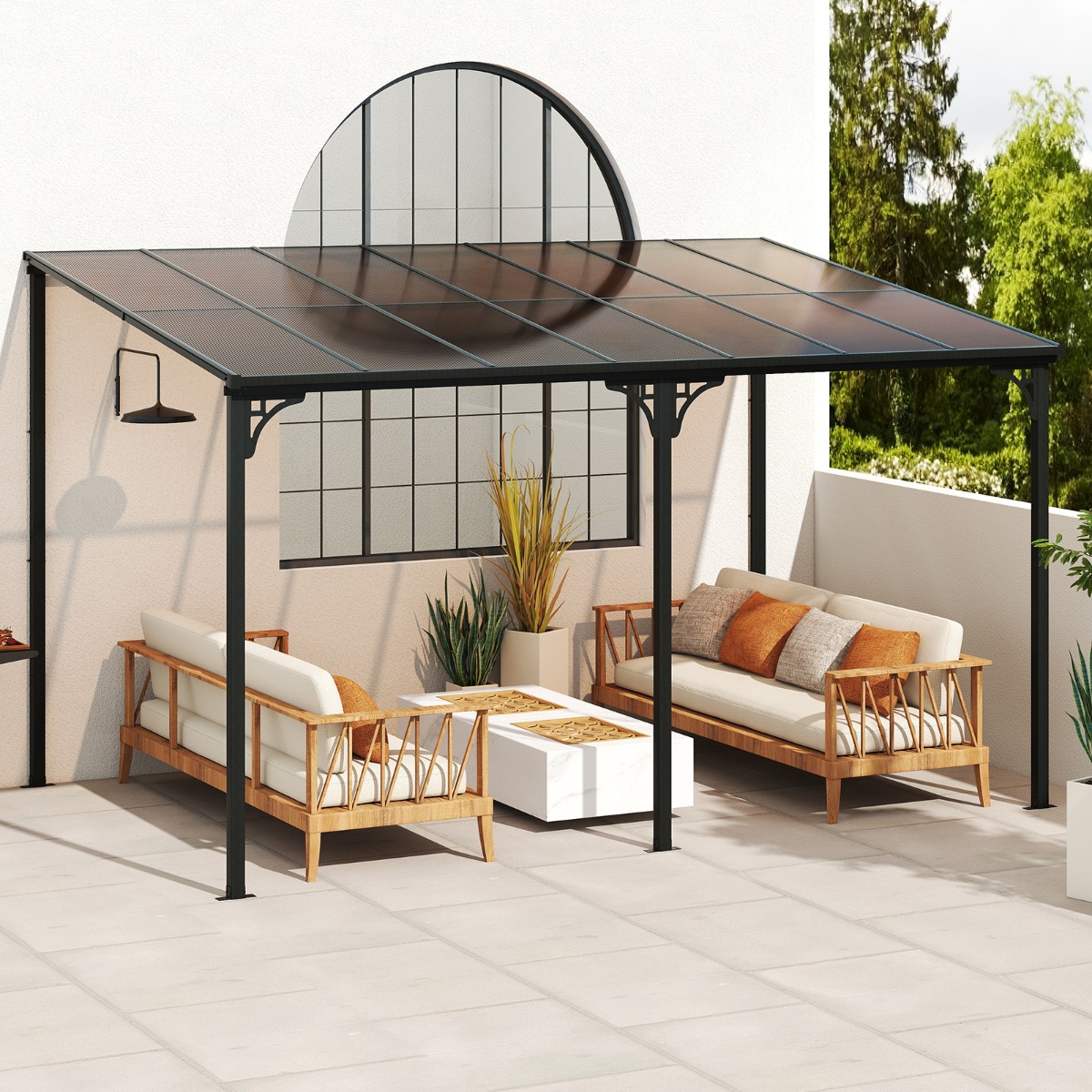 Terrassenüberdachung 3 x 4 m Pergola mit schrägen Polycarbonat-Dach freistehendes Terrassendach zur Wandmontage Pavillon für Terrasse Terrassenüberdachung 3 x 4 m Pergola mit schrägen Polycarbonat-Dach freistehendes Terrassendach zur Wandmontage Pavillon für Terrasse von Costway