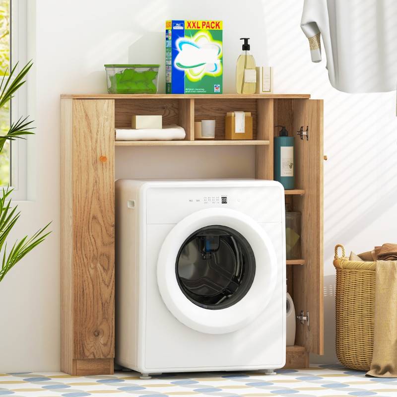 Toilettenschrank mit 2 Offenen Fächern & 4 Verstellbaren Regalen Bad Überbauschrank Natur von Costway