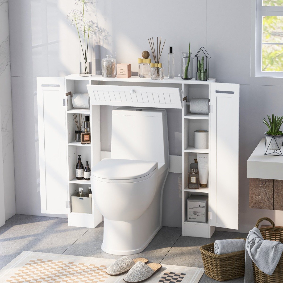 Toilettenschrank mit Toilettenpapierhalter Bad Überbauschrank Toilettenständer Weiß von Costway