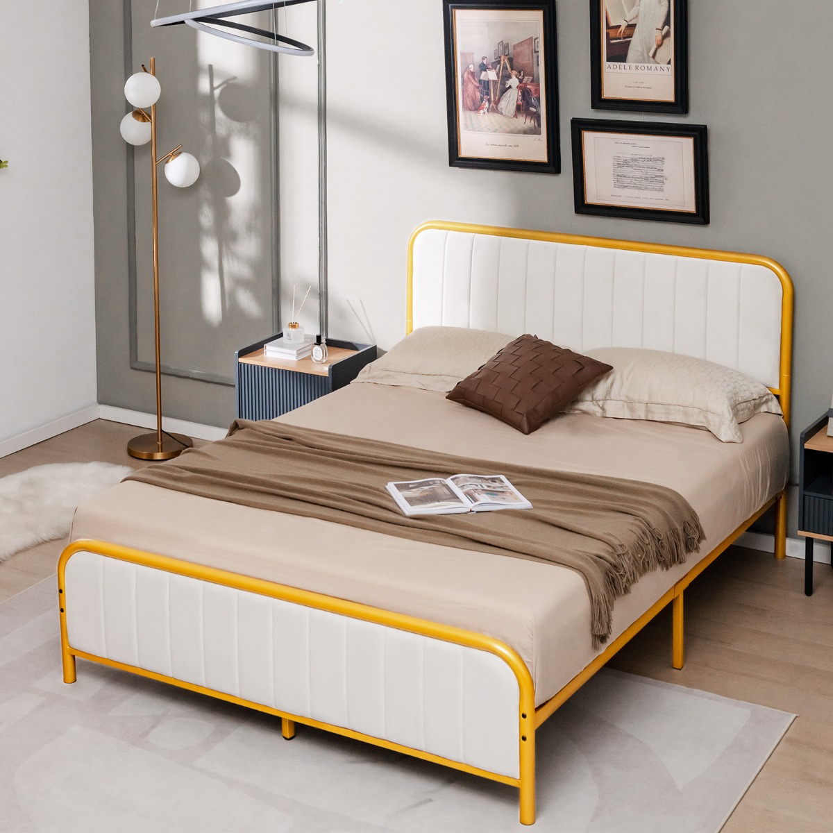 Überzogenes Doppelbett mit gepolstertem Kopfteil geräuschfreie Matratzen-Grundlage von Costway