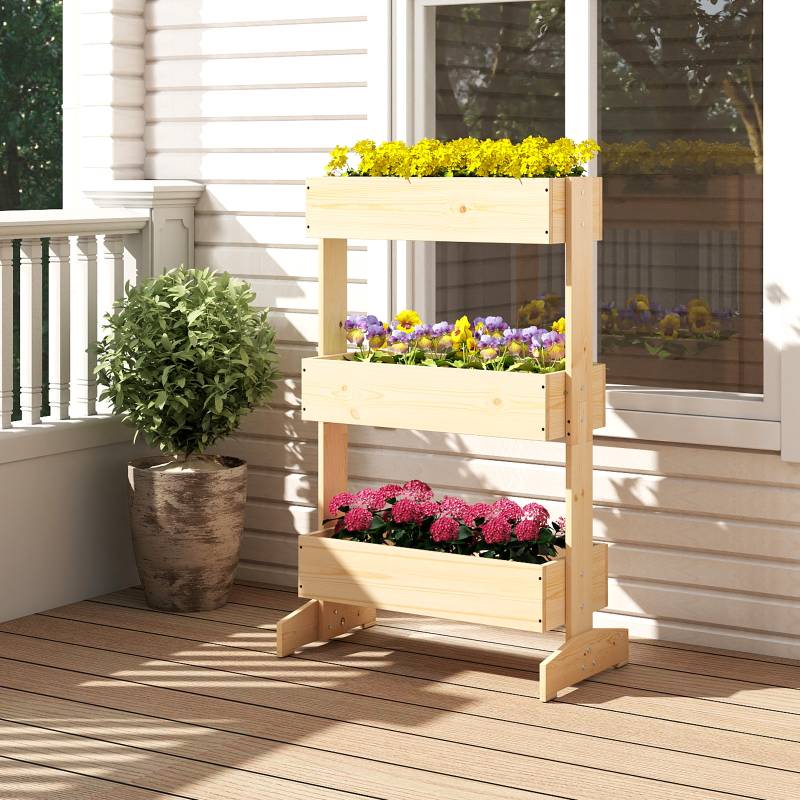 Vertikales Hochbeet mit 3 Etagen Blumenbeet mit 3 Pflanzkästen Gartenbeet Tannenholz Natur 69 x 39 x 109 cm von Costway