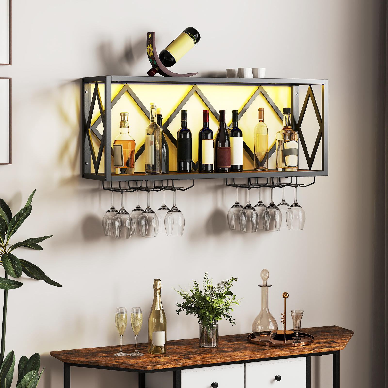 Wand Weinregal mit LED Beleuchtung & 6 Reihen Weingläserhalter 2 Ebenen Holz Flaschenregal Wand Weinregal mit LED Beleuchtung & 6 Reihen Weingläserhalter 2 Ebenen Holz Flaschenregal von Costway