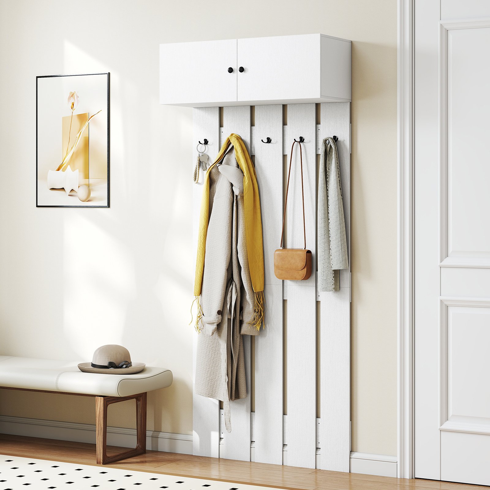 Wandgarderobe mit 5 Doppelhaken & 2-türigem Schrank Wandmontierter Garderobenpaneel Weiß Wandgarderobe mit 5 Doppelhaken & 2-türigem Schrank Wandmontierter Garderobenpaneel Weiß von Costway