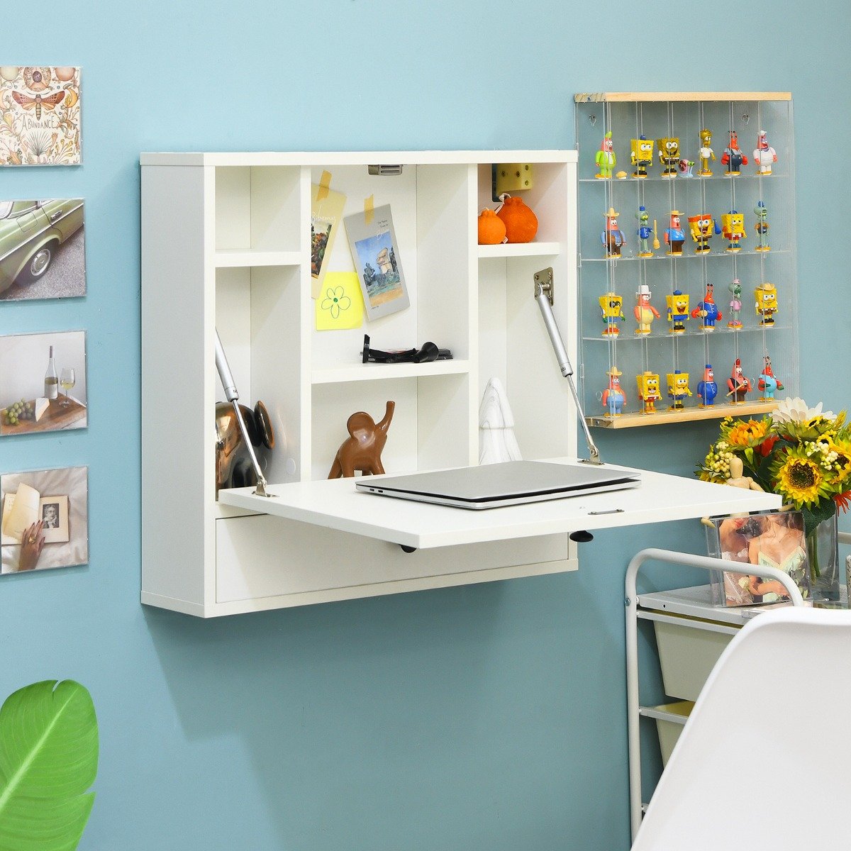 Wandklapptisch mit Ablagefächern & Schublade Klapptisch für Kleine Räume Weiß von Costway