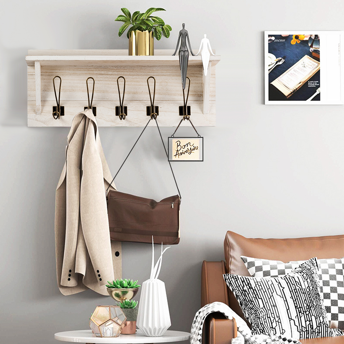 Wandregal Kleiderhakenleiste Wandgarderobe mit 5 Haken & Ablage 61 x 8 x 25,5 cm Weiß von Costway