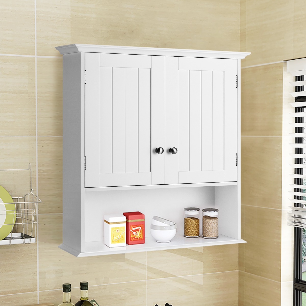 Wandschrank Badezimmer-Wandschrank Hängeschrank aus Holz 60 x 20 x 70,5 cm Weiß von Costway