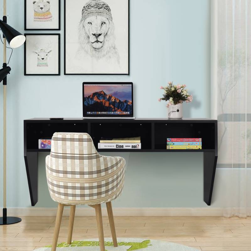 Wandtisch Holz Wandmontierbarer Computertisch mit 3 Ablageflächen 108 x 53 x 52 cm Schwarz von Costway