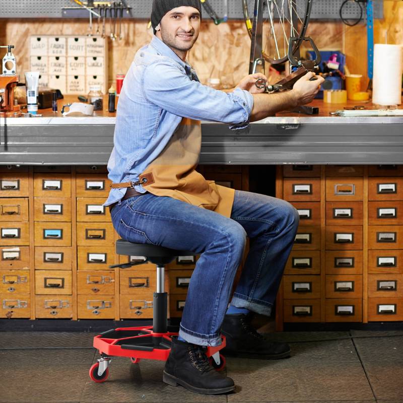 Werkstatt Rollsitz mit Ablage & 4 Universalrollen 150 kg Belastbar Höhenverstellbar Rot + Schwarz von Costway