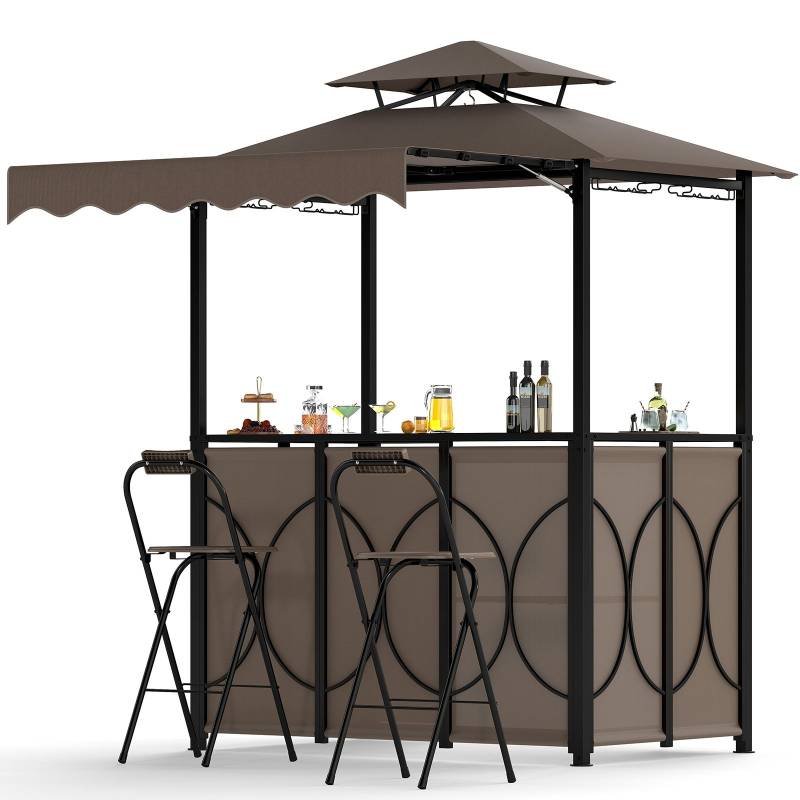Wetterfester Grillpavillon mit Bar & 2 Barhockern Gartenpavillon mit Doppeldach & Markise Braun von Costway