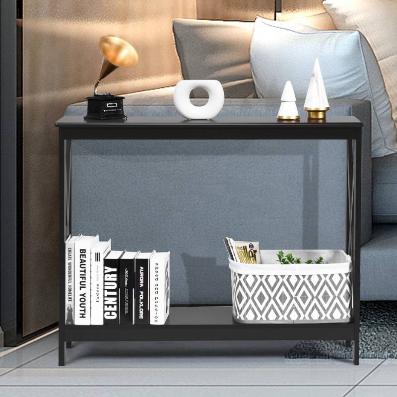 X-förmiger Schmaler Konsolentisch mit 2 Etagen 100 x 30 x 80 cm Scwarz von Costway