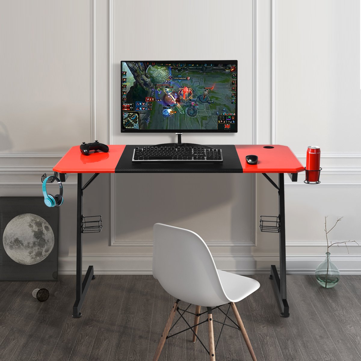 Z-förmiger Gaming Tisch Computertisch PC Tisch mit Becherhalter Kopfhörerhaken & Boxenständer Schreibtisch schwarz/rot von Costway