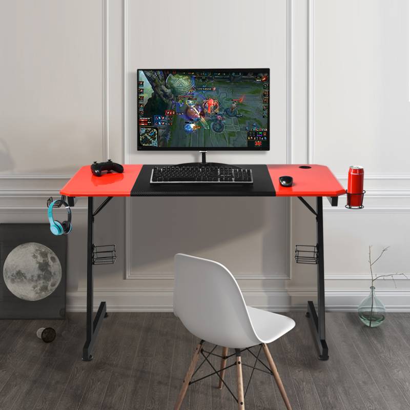 Z-förmiger Gaming Tisch Computertisch PC Tisch mit Becherhalter Kopfhörerhaken & Boxenständer Schreibtisch schwarz/rot von Costway