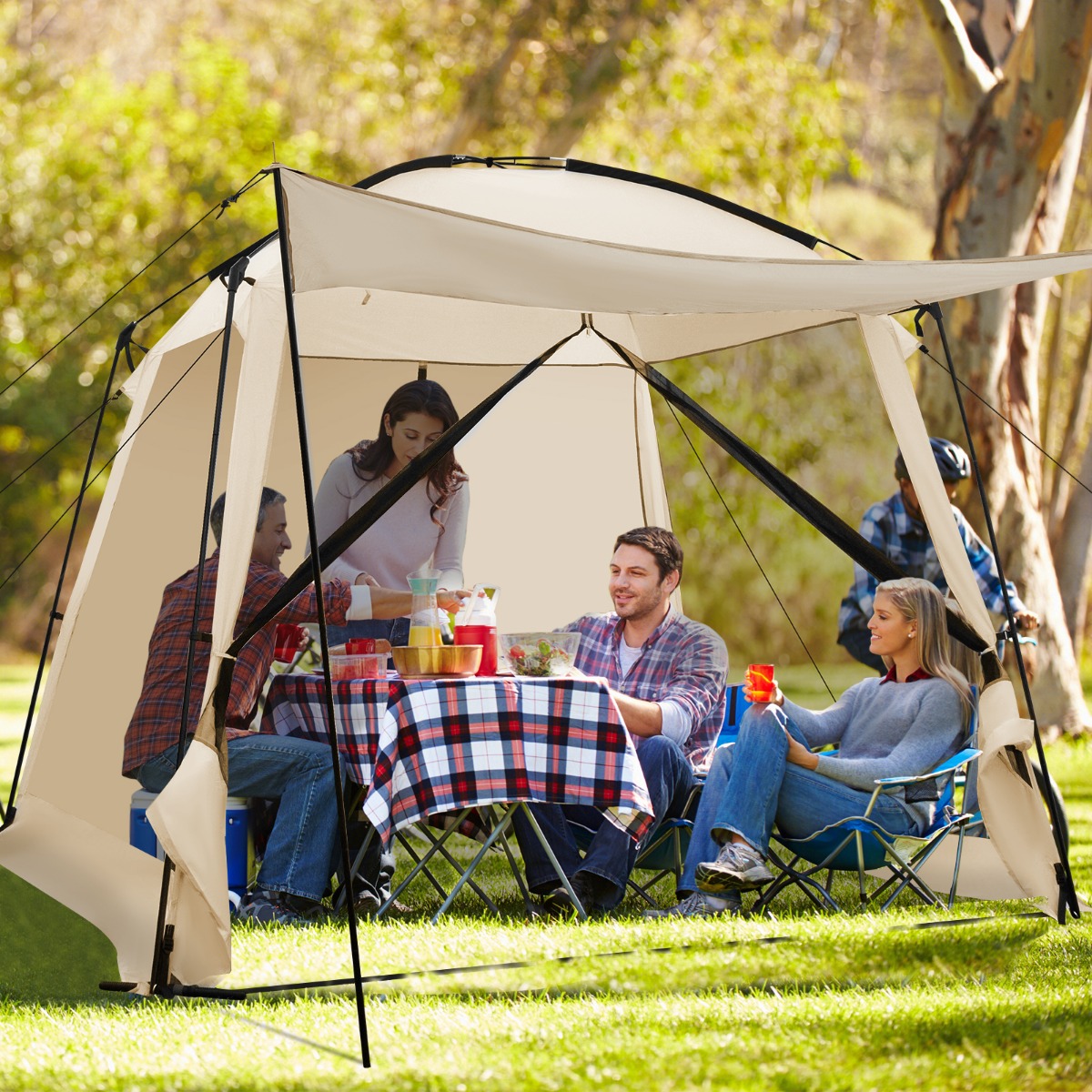 Zelt für 6-8 Personen Campingzelt mit Vorzelt wasserdicht 300 x 300 x 250 cm Beige von Costway