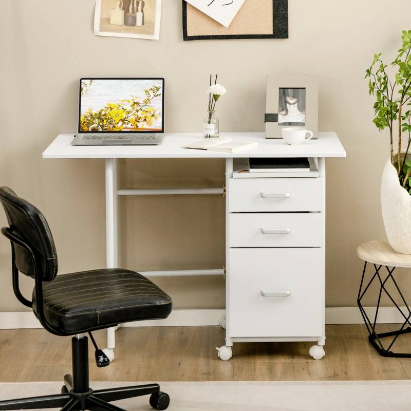 Zusammenklappbarer Schreibtisch mit Rädern Computertisch 105 x 50 x 75 cm Weiß von Costway