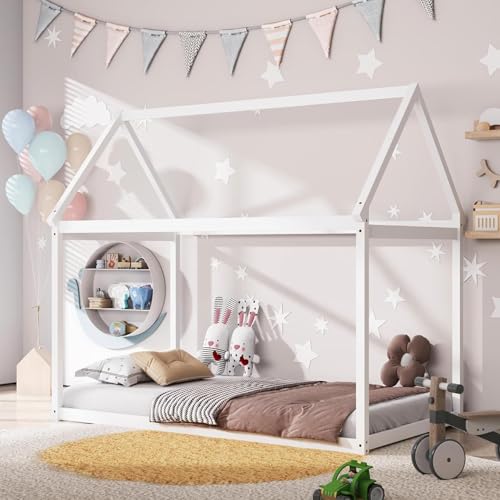 Costzon Twin House Bett Rahmen, Stabile Kinder-Plattform Boden Bett w/Dach & Heavy-Duty Lamellen Keine BoxSpring Benötigt, für Kleinkinder, Jugendliche, Jungen Mädchen, Frei DIY (Weiß) von Costzon