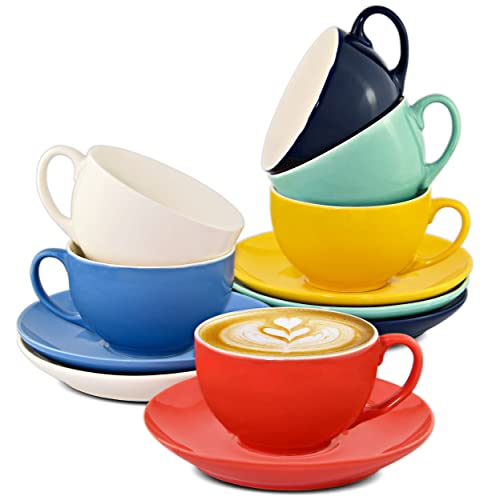 12er Cappuccino Tassen Set mit Untertassen - Keramik Bunt - Geschenkbox - Hält Lange warm - 180ml von Cosumy