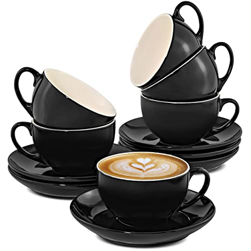 12er Cappuccino Tassen Set mit Untertassen - Keramik Schwarz - Spülmaschinenfest - Hält Lange warm - 180ml von Cosumy