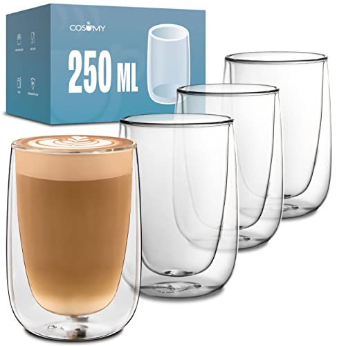 Cosumy 4 Doppelwandige Cappuccino Thermogläser 250ml - Halt die Temperatur länger - Schutz deine Hände - Mit Geschenkbox von Cosumy