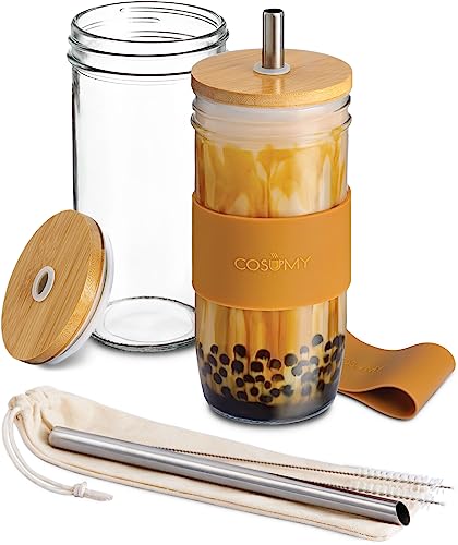 Cosumy Bubble Tea Becher mit Strohhalm und Bambusdeckel - 2er Set Glasbecher - 720ml - Wiederverwendbar - Spülmaschinenfest von Cosumy