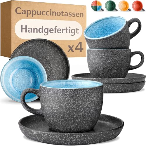 Cosumy Cappuccino Tassen mit Untertassen 4er Set - 200ml Kaffeetassen aus Keramik - 𝗗𝗶𝗰𝗸𝘄𝗮𝗻𝗱𝗶𝗴𝗲𝘀 Steingut mit Handgefertigter Reaktiver Glasur - Hält Lange Warm (Blau) von Cosumy