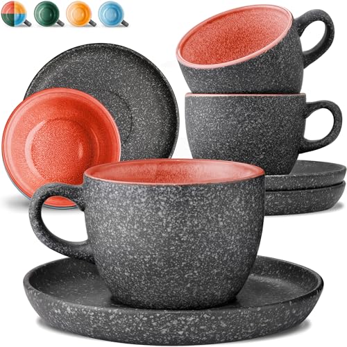 Cosumy Cappuccino Tassen mit Untertassen 4er Set - 200ml Kaffeetassen aus Keramik - Dickwandiges Steingut mit Handgefertigter Reaktiver Glasur - Hält Lange Warm (Rot) von Cosumy
