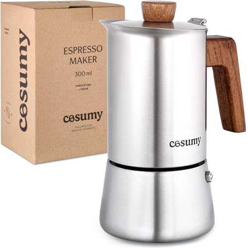 Cosumy Espressokocher Induktion für alle Herdarten geeignet - Mokkakanne Edelstahl 6 Tassen und FSC Eichenholz - Extra Silikondichtung - 300ml von Cosumy