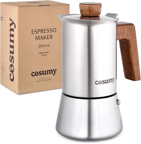 Cosumy Espressokocher Induktion für alle Herdarten geeignet - Mokkakanne Edelstahl 4 Tassen und FSC Eichenholz - Extra Silikondichtung - 200ml Silber von Cosumy