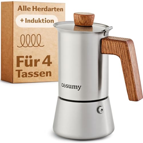Cosumy Espressokocher Induktion für alle Herdarten geeignet 4 Tassen - Mokkakanne Edelstahl & FSC Eichenholz - Extra Silikondichtung - 200ml Cosumy Espressokocher Induktion für alle Herdarten geeignet 4 Tassen - Mokkakanne Edelstahl & FSC Eichenholz - Extra Silikondichtung - 200ml von Cosumy