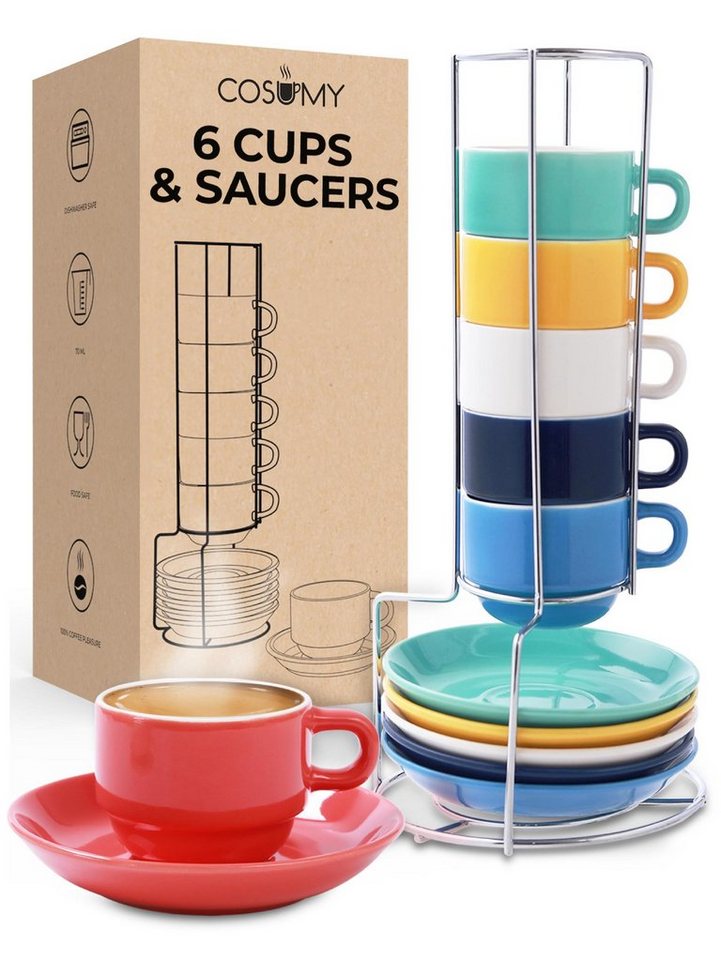 Cosumy Espressotasse 6 Espressotassen mit Ständer Farbig, Keramik, Espressotassen 6er Set Bunt mit Untertassen - Keramik - Hält Lange Warm - Moderner Farbmix - Geschenkbox - 70ml von Cosumy