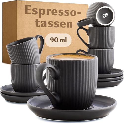 Cosumy Espressotassen Schwarz Matt mit Untertassen 6er Set - 90ml - Streifenmuster Keramik - Spülmaschinenfest -Mikrowellenfest - Moderne Mokkatassen Set von Cosumy