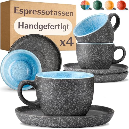 Cosumy Espressotassen mit Untertassen 4er Set - 90 ml Keramik, 𝗗𝗶𝗰𝗸𝘄𝗮𝗻𝗱𝗶𝗴𝗲𝘀 Steingut mit Handgefertigter Reaktiver Glasur - Hält Lange Warm (Blau) von Cosumy