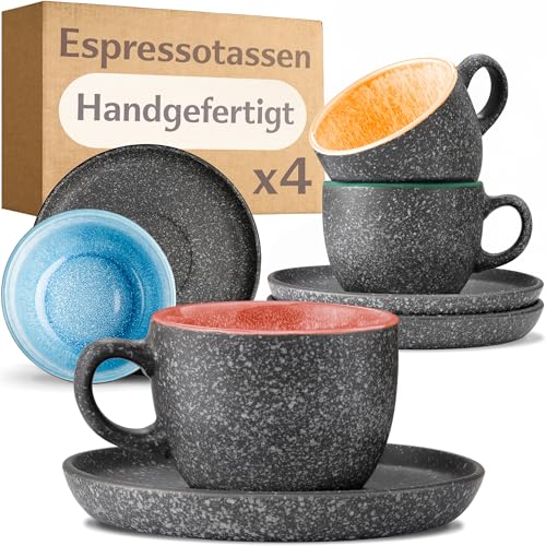 Cosumy Espressotassen mit Untertassen 4er Set - 90 ml Keramik, 𝗗𝗶𝗰𝗸𝘄𝗮𝗻𝗱𝗶𝗴𝗲𝘀 Steingut mit Handgefertigter Reaktiver Glasur - Hält Lange Warm (Bunt) von Cosumy